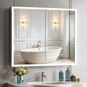36"×30" Lighted Medicine Cabinet with Mirror, Surface or Recessed Bathroom Mirror Medicine Cabinet with Clock & Temp