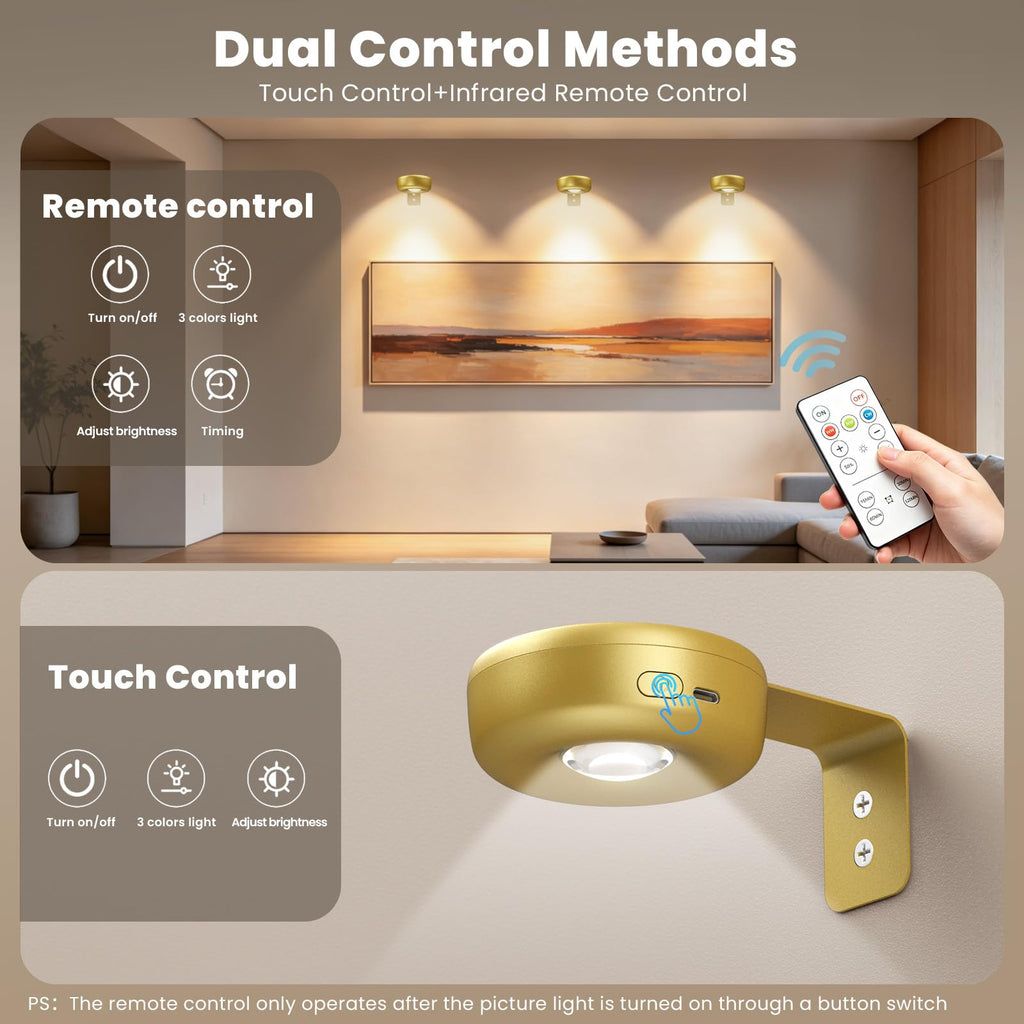 6Pack Picture Lights for Wall, 2000mAh Rechargeable Magnetic LED Art Display Lights with Remote Dimmable and Timer,3