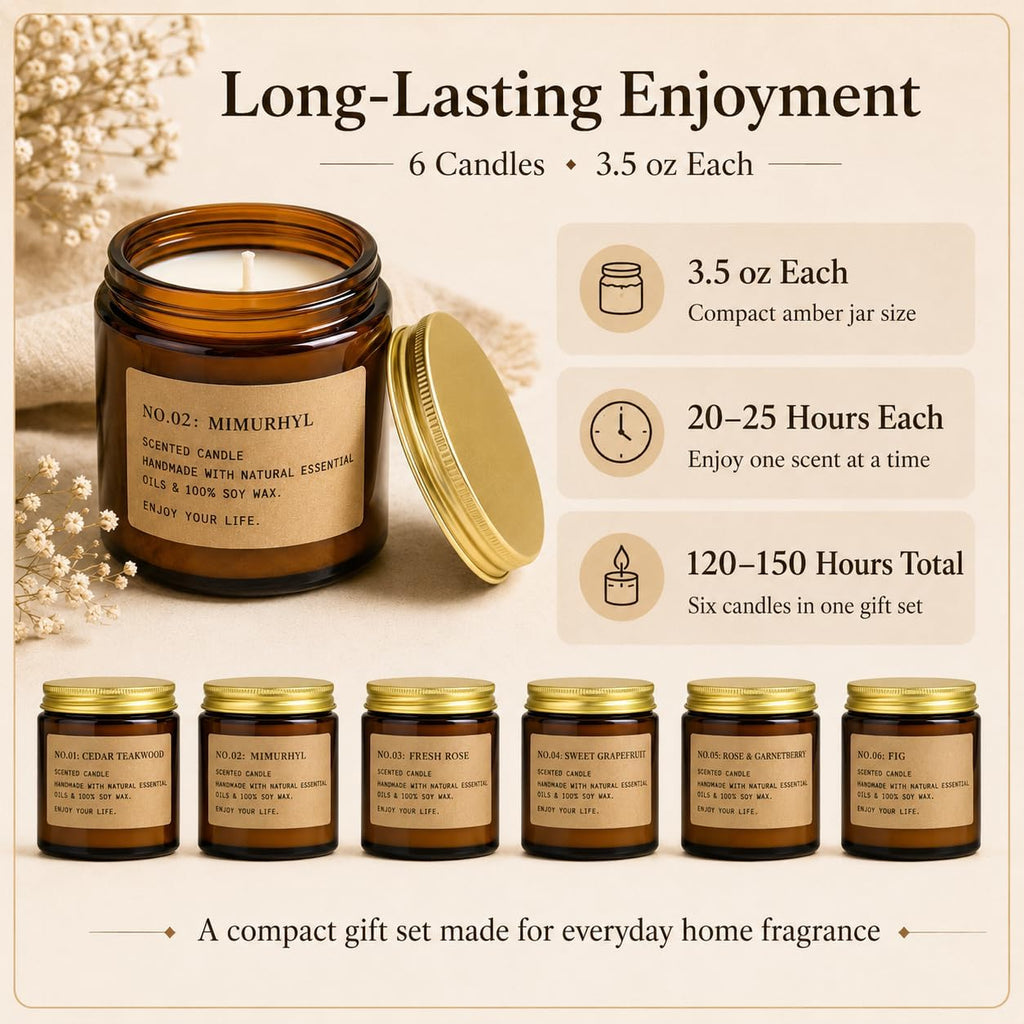 Candles Scented Aromatherapy Candle Gift Set for Women Soy Wax Long Lasting Amber Jar Candles Gift - Set of 6