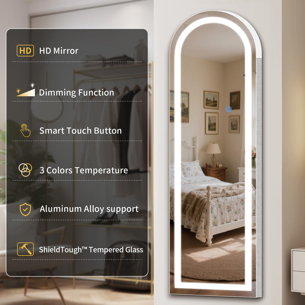 Arch Full Length Standing Mirror with LED Lights, 56"x20" Lighted Mirror with Dimming & 3 Color Lighting, Tall Mirror