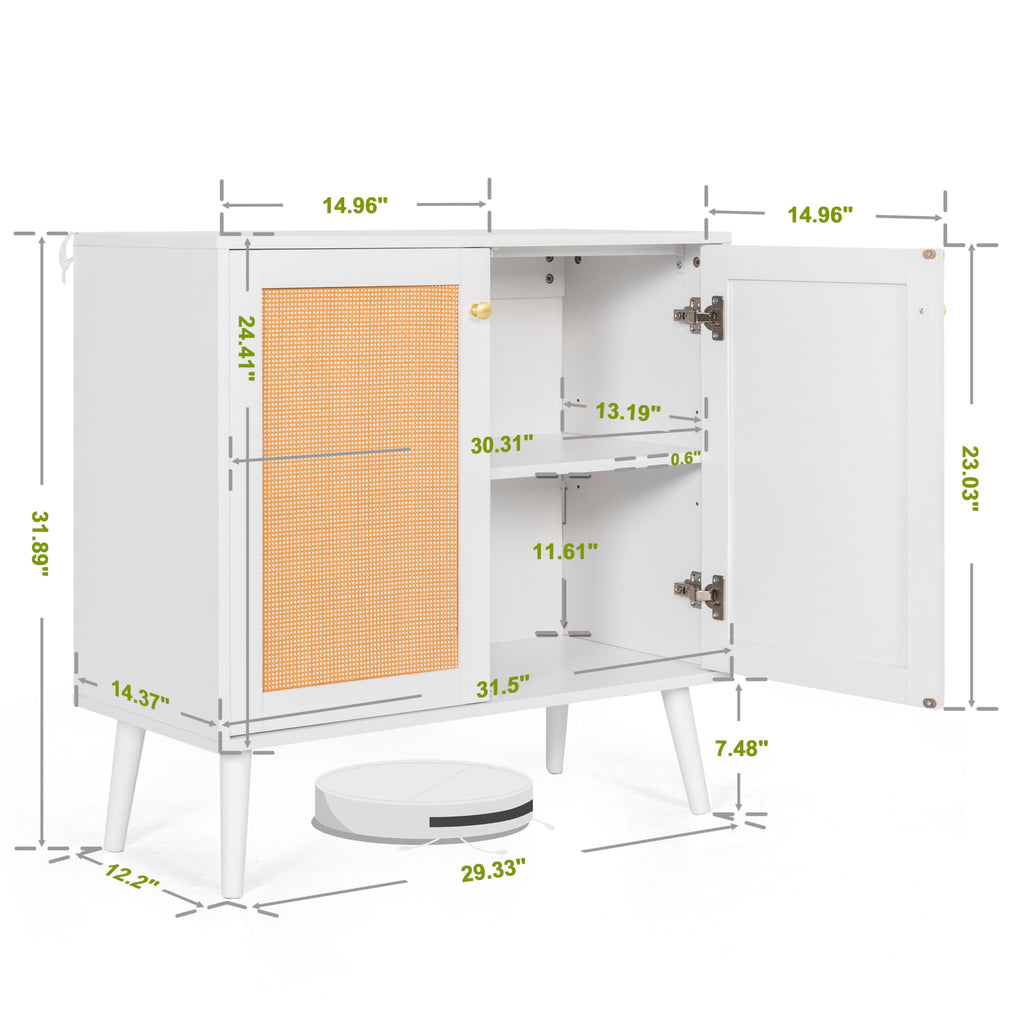 Boho Accent Storage Cabinet with Rattan Doors, Wood Grain Sideboard Buffet with Adjustable Shelves, Coffee Bar, White