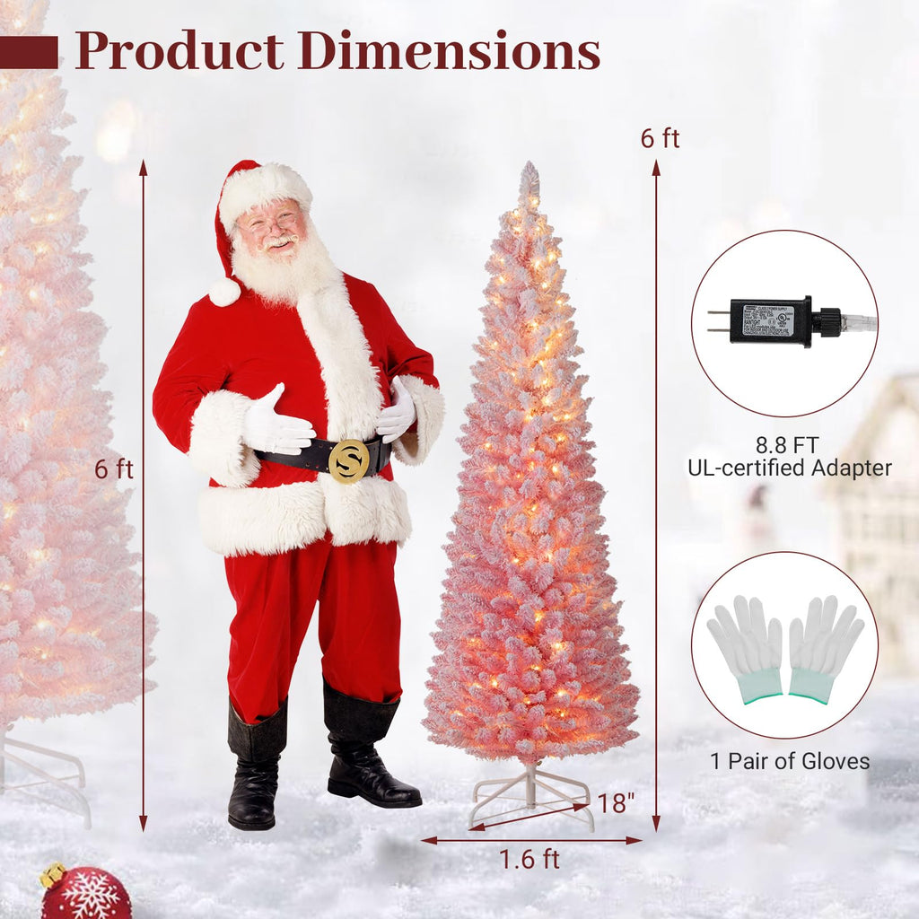 6ft Pink Flocked Christmas Tree, Pre-lit Slim Pencil Xmas Tree