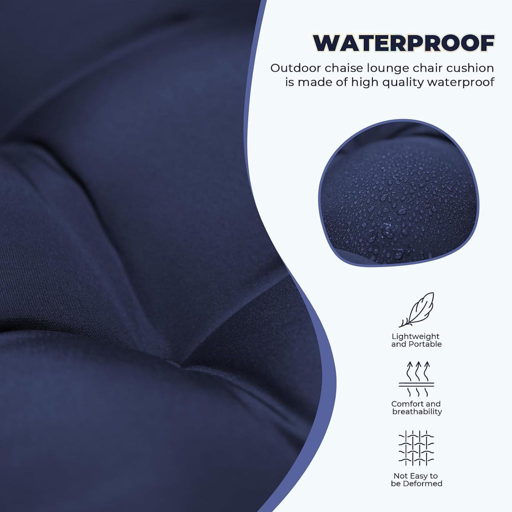 Waterproof Lounge Chair Cushion Set of 2, Outdoor Fade Resistant Chaise Lounger Replacement Cushions with 6 Ties