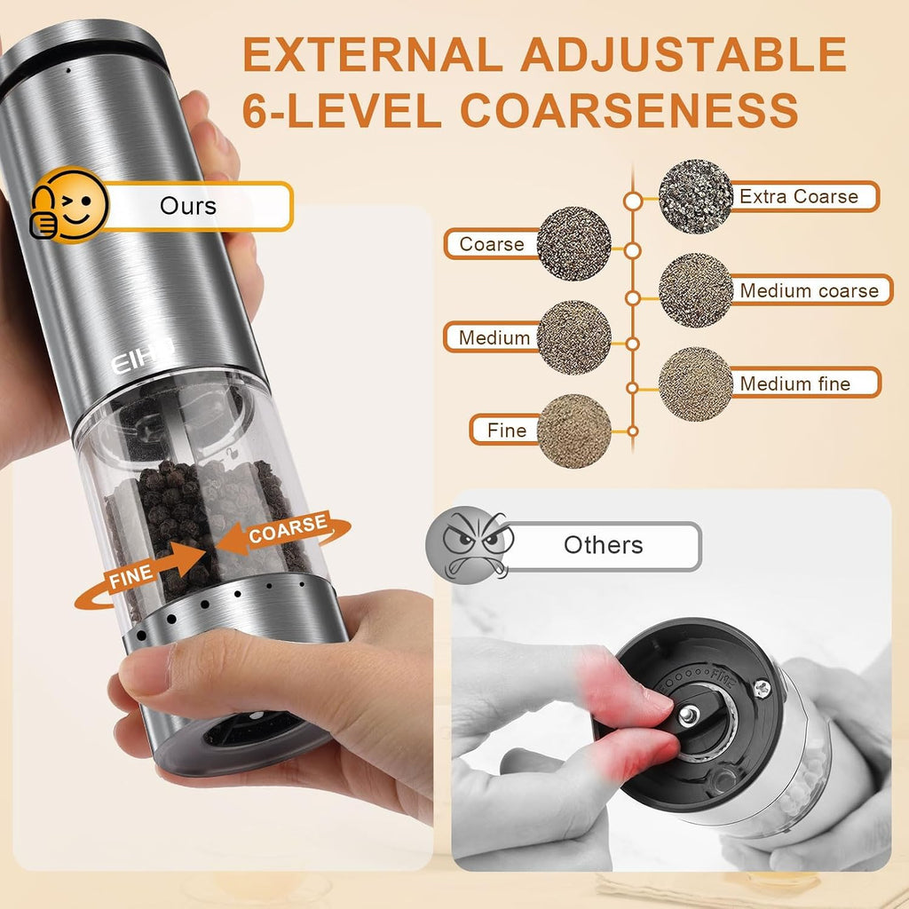 Electric Salt and Pepper Grinder Set Rechargeable, Automatic Salt and Pepper Shakers Mills External Adjustable - Set of 2