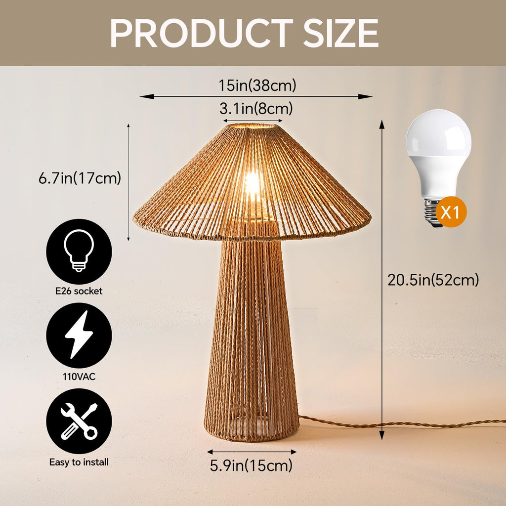 20"Boho Table Lamp Plug in Large Rattan Desk Lamp 3 Color Adjustable Classic Wicker Woven Nightstand Lamp Living Room