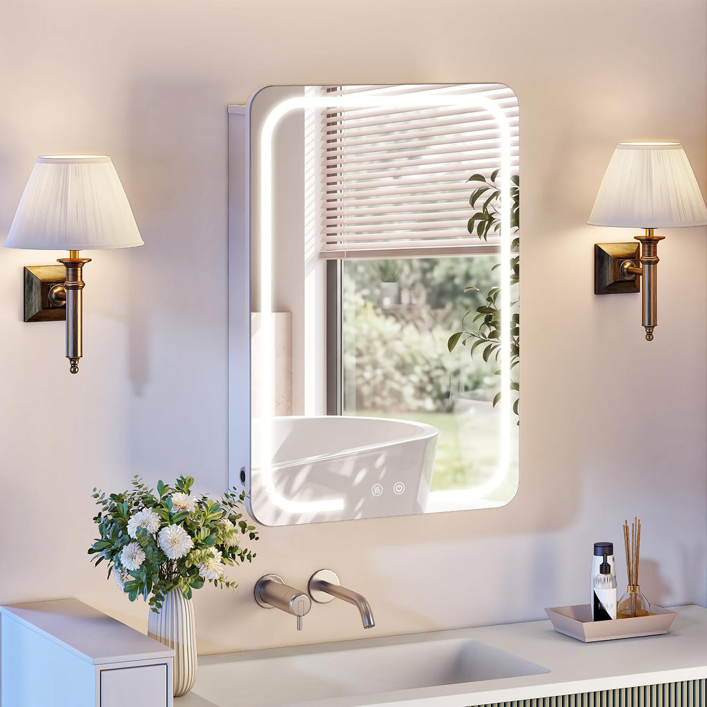 Lighted Medicine Mirror Cabinet with Heated Defog Function, White