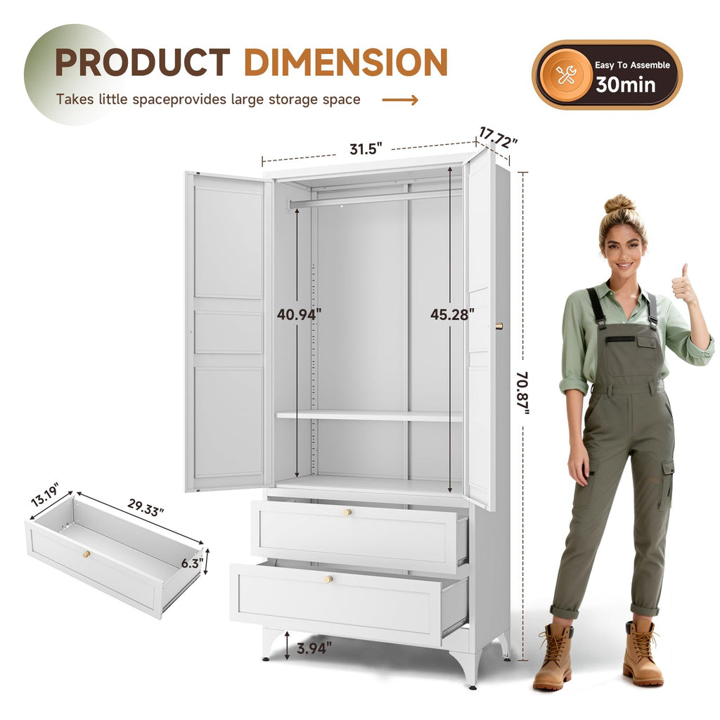 Metal Armoire Wardrobe Closet with Drawers, Clothing Storage Cabinet with Doors and Shelves, Coat Closet with Hanging