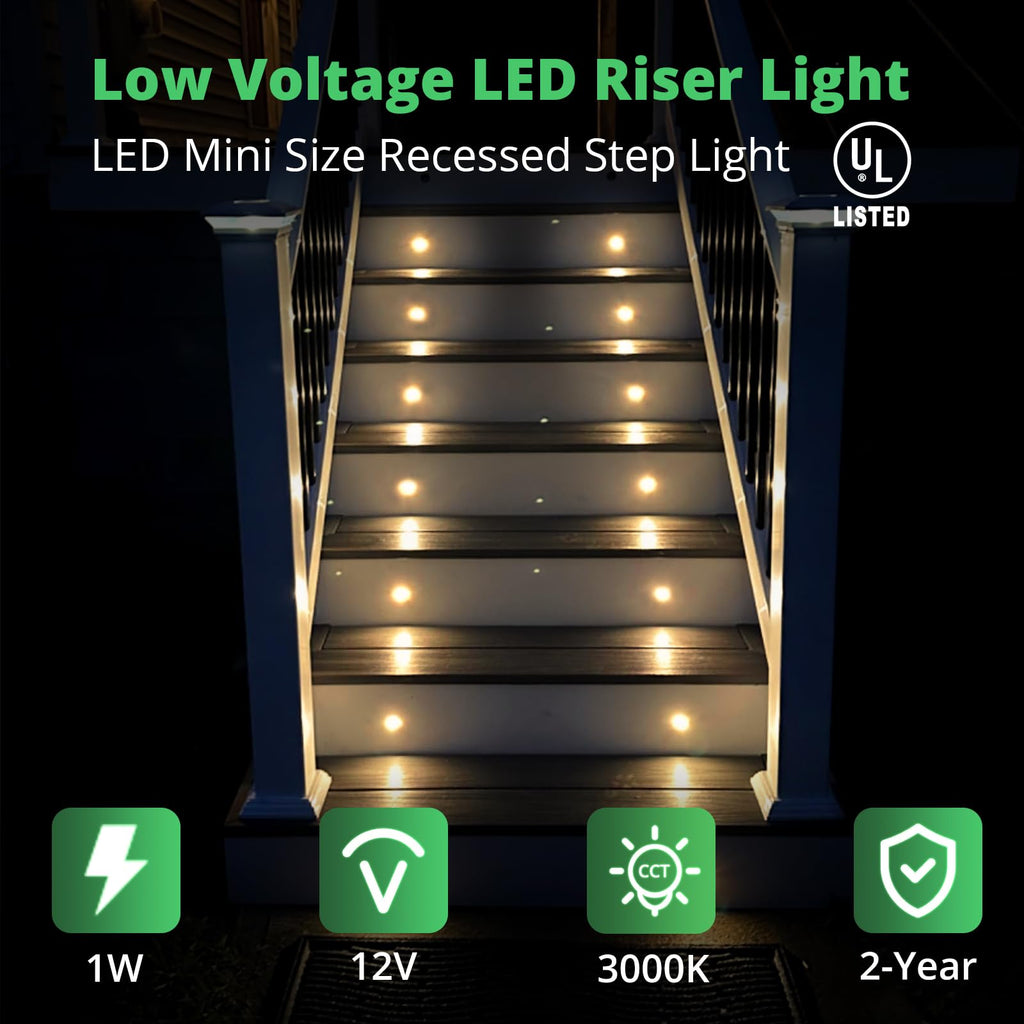 12 Pack Recessed Low Voltage LED Step Riser Light, Diameter 1" Mini Size Landscape Lighting for Outdoor Deck Stair