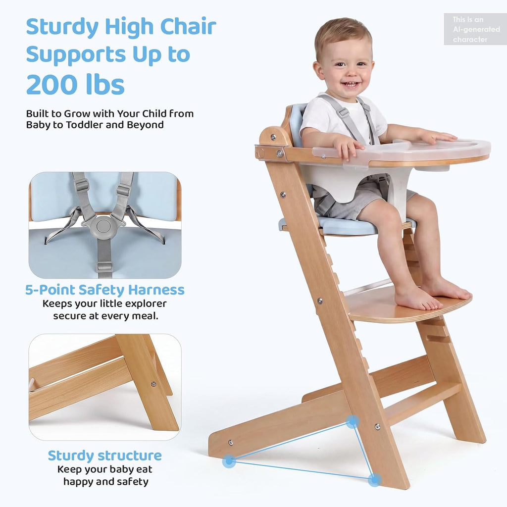 Natural Wooden Baby High Chair with Cushions & 3-Tier Remove Adjustable Tray Cushion, Easy to Clean & Natural Wooden