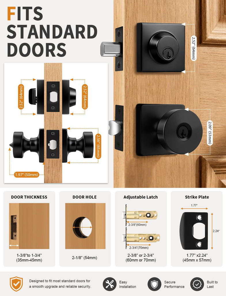 Exterior/Interior Door Knob with Deadbolt, Front Door Lockset for Entry Door/Bedroom/Office, Modern Matte Black