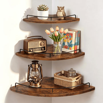 Corner Shelf Wall Mounted Set of 3, Corner Floating Shelves 9/10/12 Inch Deep, Wood Round Corner Hanging Display