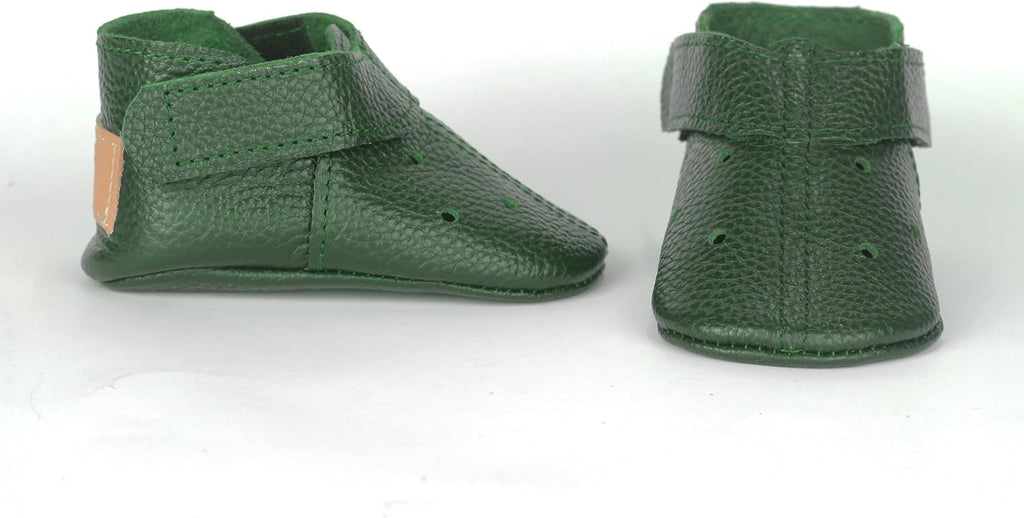 Handmade Genuine Leather Baby Shoes, Emerald Green Soft Sole Infant Moccasins, Perforated Toddler Booties, Newborn