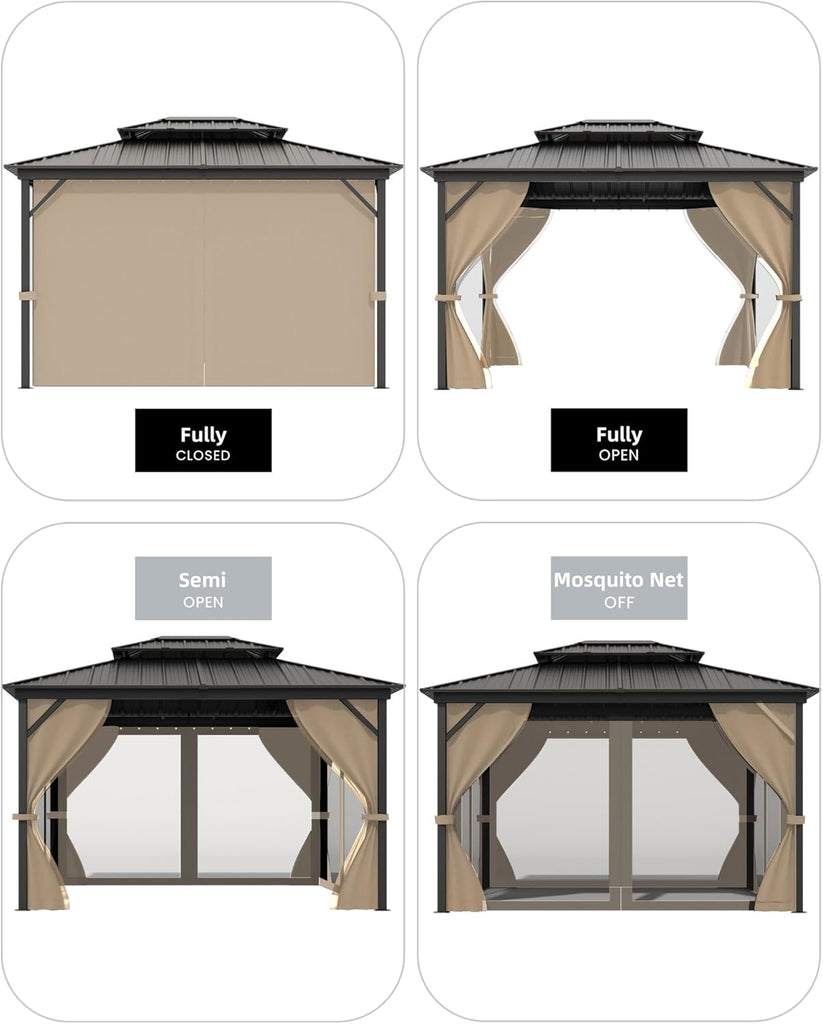 GarveeLife Hardtop Gazebo 10 ft x14 ft for All Weather, with Double Metal Roof, Aluminum Alloy Frame, Net, and Curtain