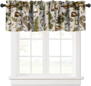 Vintage Woodland Mushroom Valance, Rustic Forest Green Plants Wild Mushroom Ferns Daisy Flowers Blackout Short Window