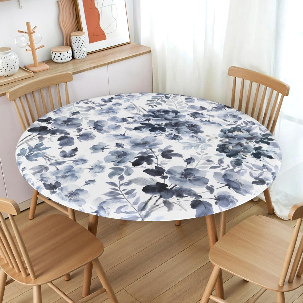 Sping Round Fitted Tablecloth Best for 48"-52" Navy Blue Floral Table Cloth Elastic Edge Washable Farmhouse Rustic