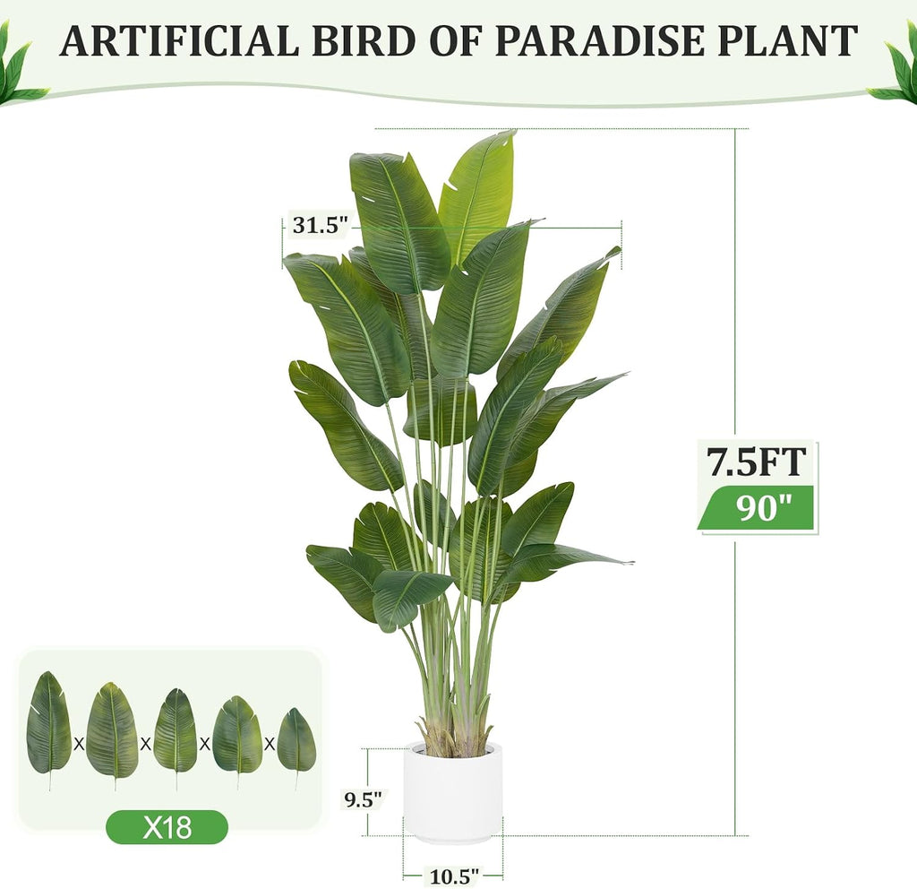 Bird of Paradise Plant 7.5Ft Tall Fake Tropical Palm Tree Large Fake Plants with 18 Silk Banana Leaves Faux Plant