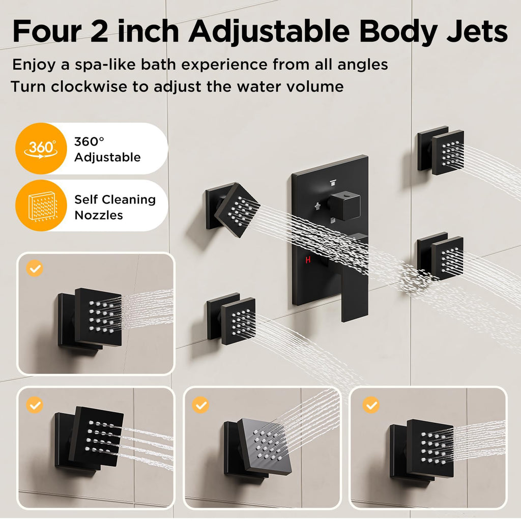 Shower Faucet Sets Matte Black Shower System, 4 Way 12+6" Dual Head Shower Set Complete with 2 in 1 Handheld,Wall