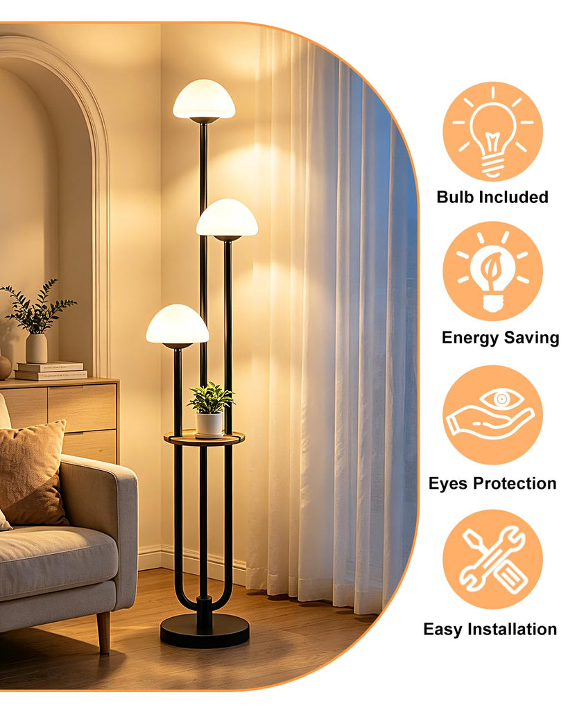3 Light Mushroom Floor Lamp with Shelf, Dimmable Black Floor Lamp with Bulbs Included, 3000K Warm White Modern