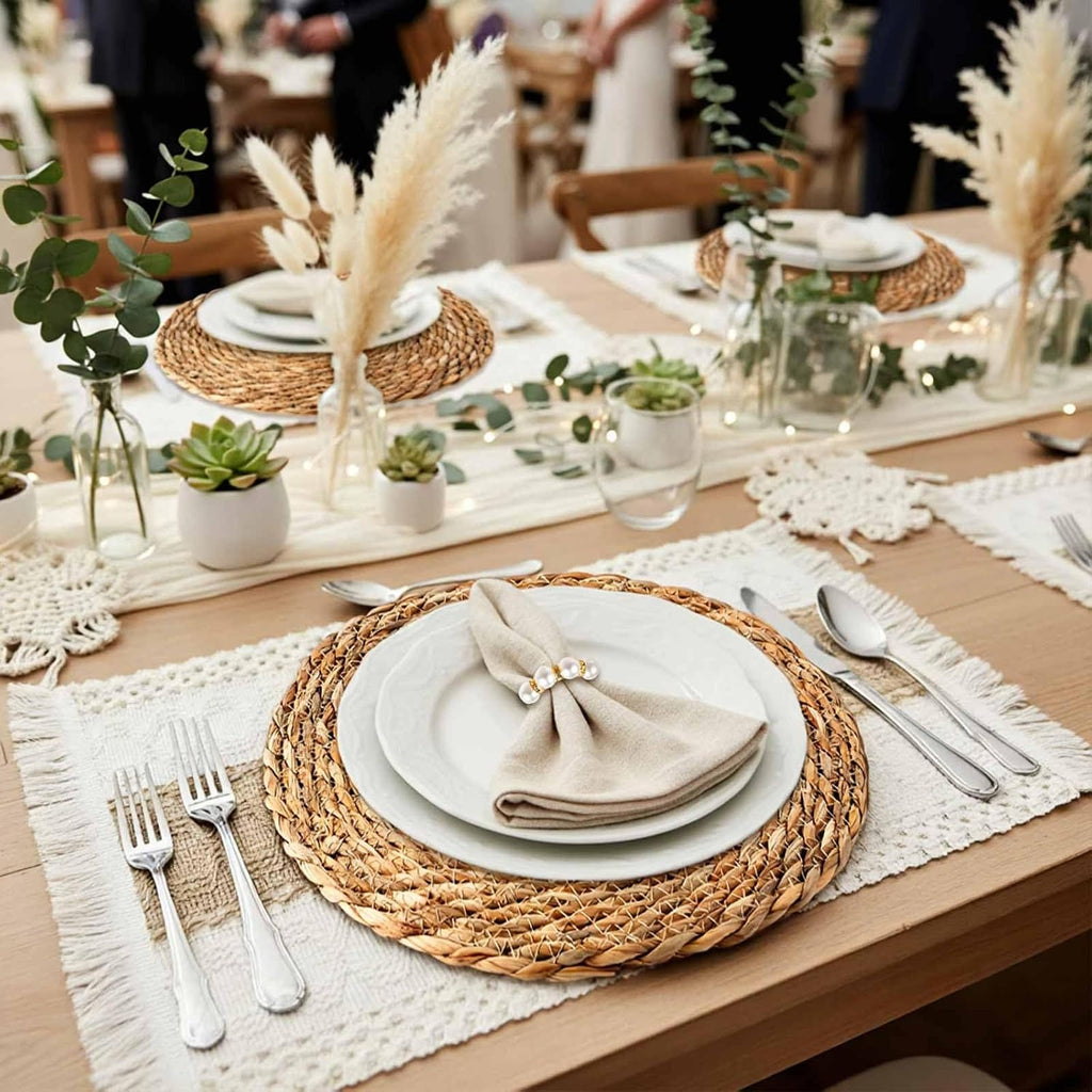 Sets Boho Placemats, Rattan Burlap Mats, Pearl Napkin Rings - Set of 6