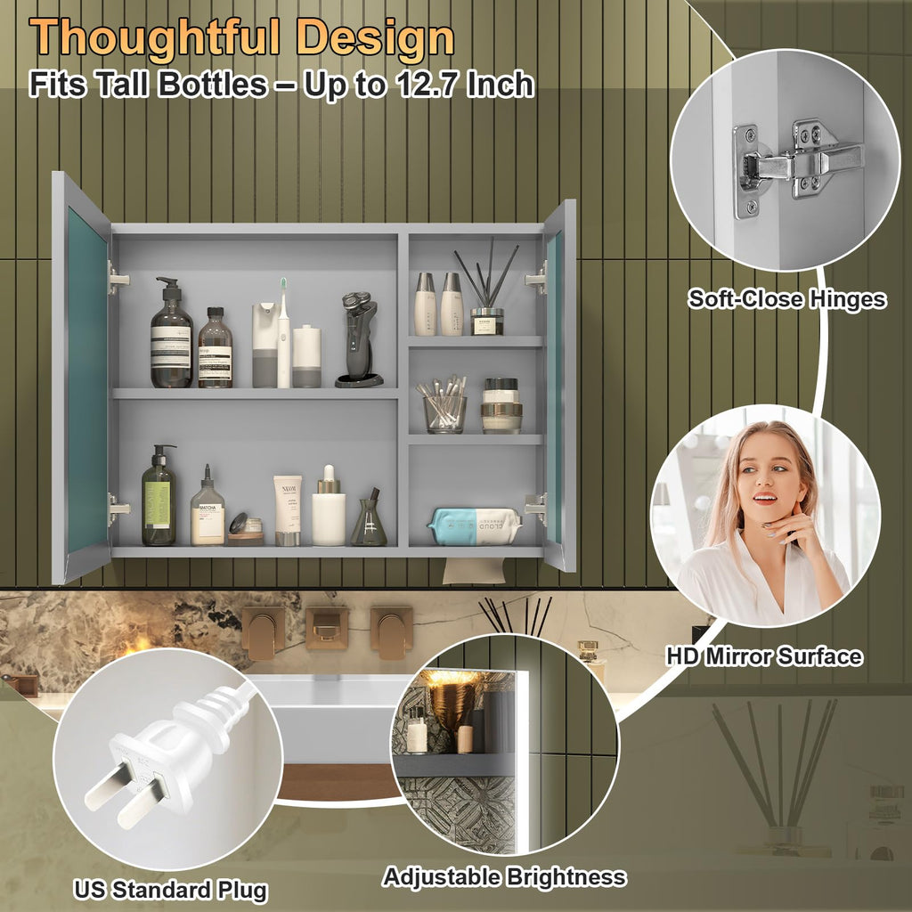 36x28 Medicine Cabinet Mirror with Lights, Fully Assembled Lighted Medicine Cabinets, Surface Mount Large Silver LED