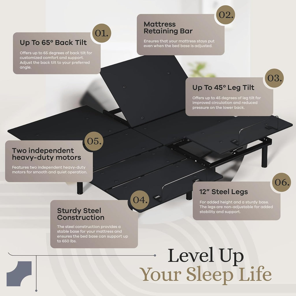 Essential Adjustable Bed Base (Frame) + 14 inch Hybrid Spring Matt (Medium Soft), Easy Assembly, Head and Foot Lift