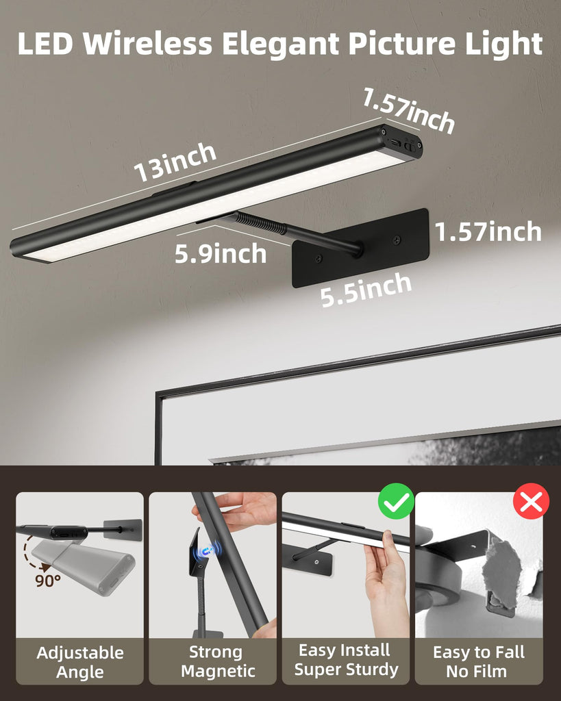 Picture Light for Wall, 13'' Black Rechargeable Wireless Lights
