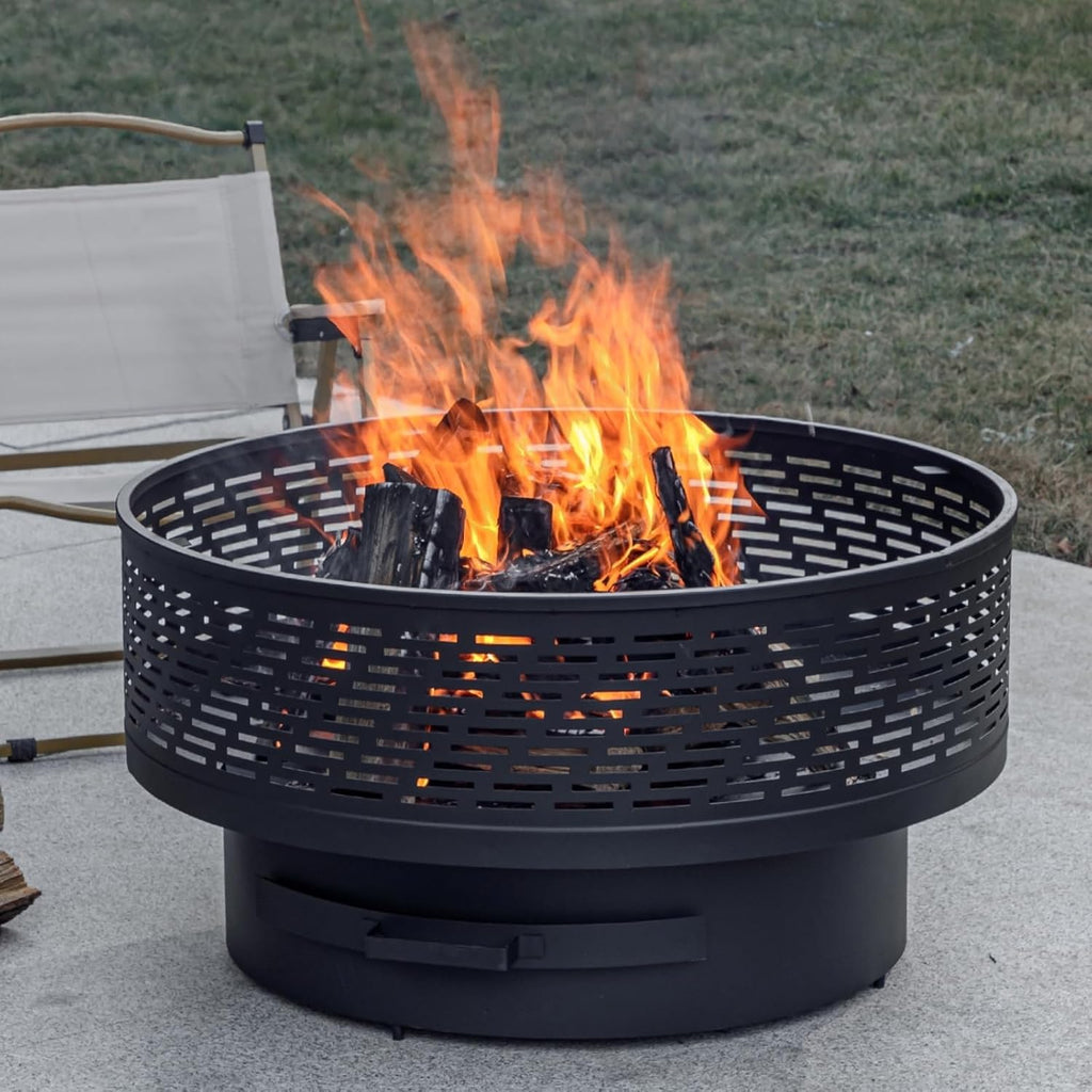 32" Wood Burning Fire Pits with Grill & Lid, Fire Pit Table for Outside with Waterproof Cover & Fire Poker
