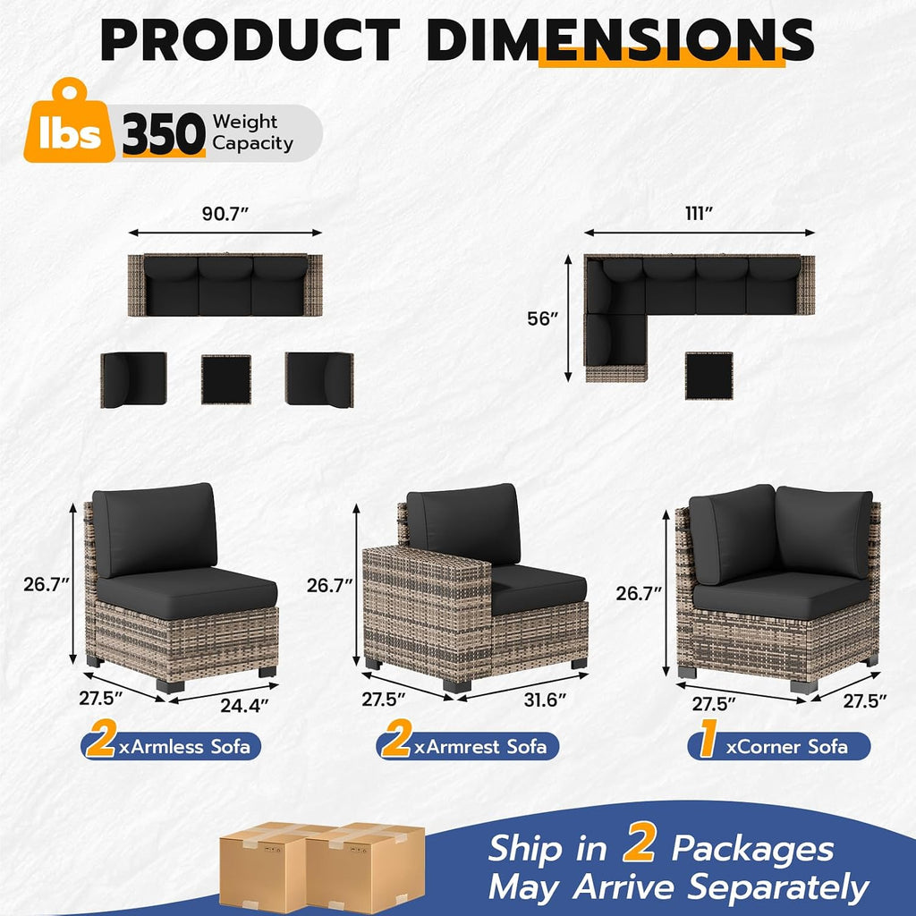Patio Furniture Set, 6 Piece Outdoor Sectional Sofa with Thick Cushions | Wicker Rattan Wide Armrest Patio Sectional