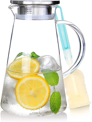2.0 Liter 68oz Glass Pitcher with Lid, Easy Clean Heat Resistant Glass Water Carafe with Handle for Hot/Cold