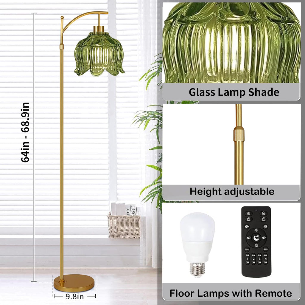 Glass Floor Lamp,Gold Dimmable Standing Lamp with Remote,Mid Century Modern Brass Tall Lamp Boho Vintage Floor Lamps