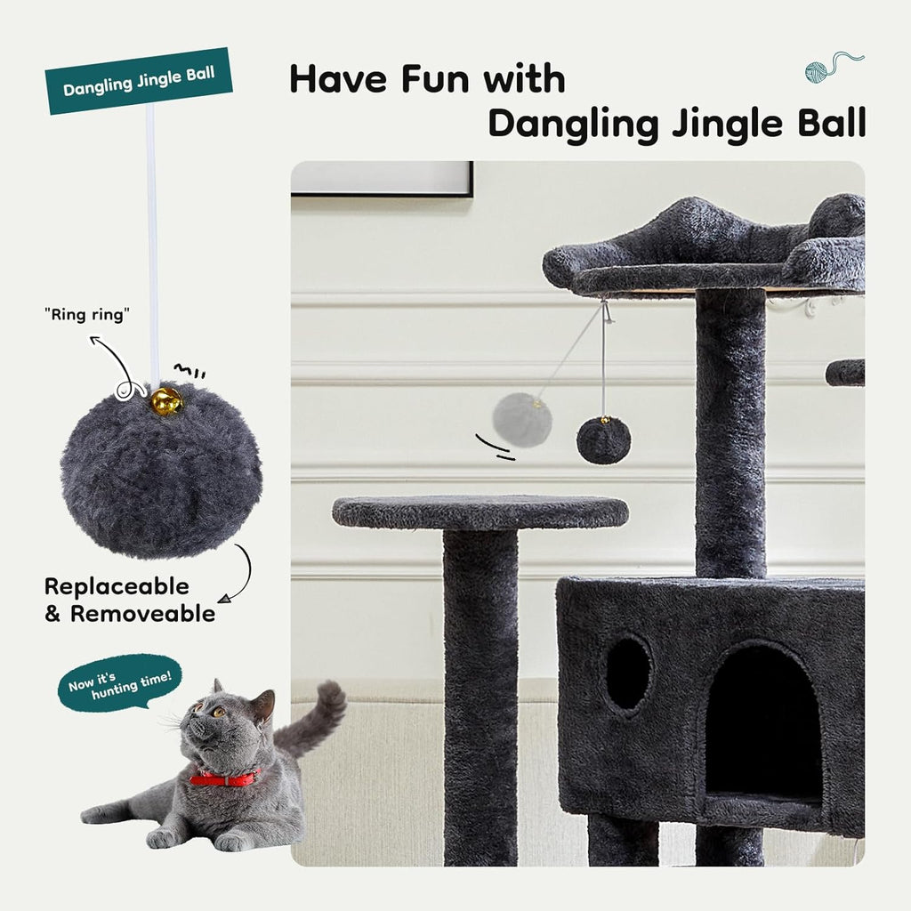 54-inch Indoor Cat Tree Tower - Multi-Level Pet House for Large Cats with 2 Condos, Scratching Posts, Round Platform