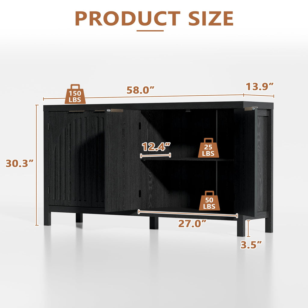 Fluted Sideboard Buffet Cabinet with Storage, 58" Mid Century Modern Accent Cabinet with Arch Doors, Large Wood Media