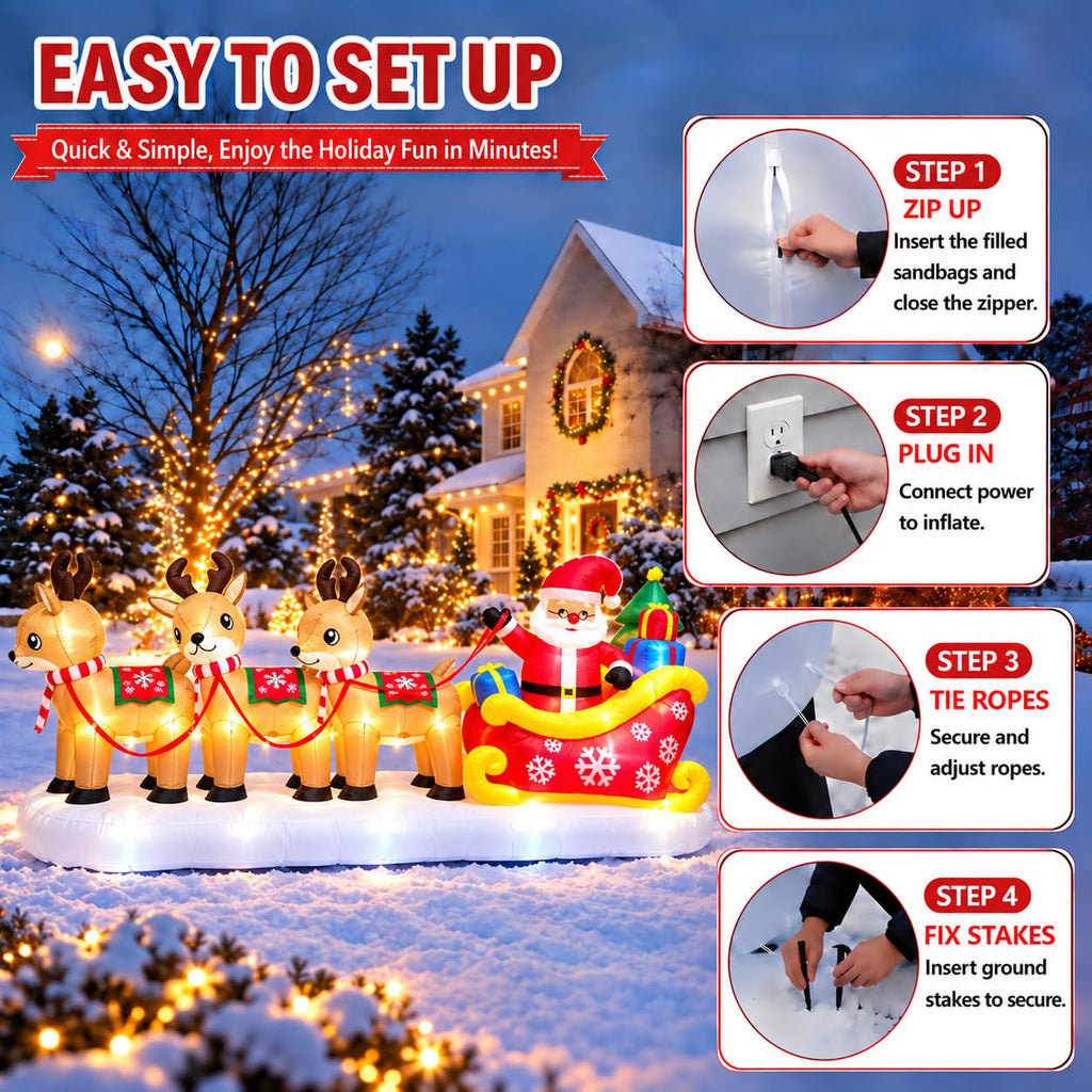 13FT Christmas Inflatable Santa Sleigh & 3 Reindeer with LED Lights