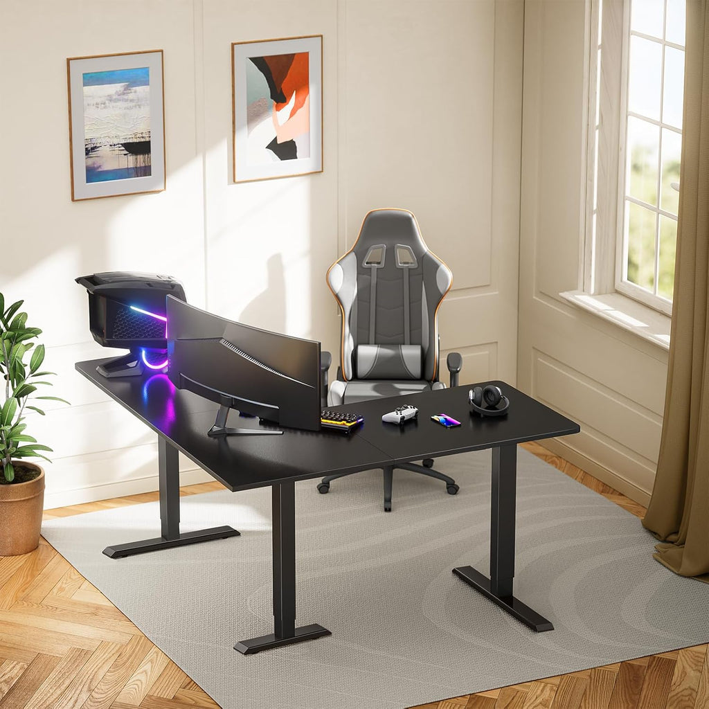 63′′ L Shaped Standing Desk Electric Adjustable Height, Black | Left & Right Interchangeable Installation, 4 Memory