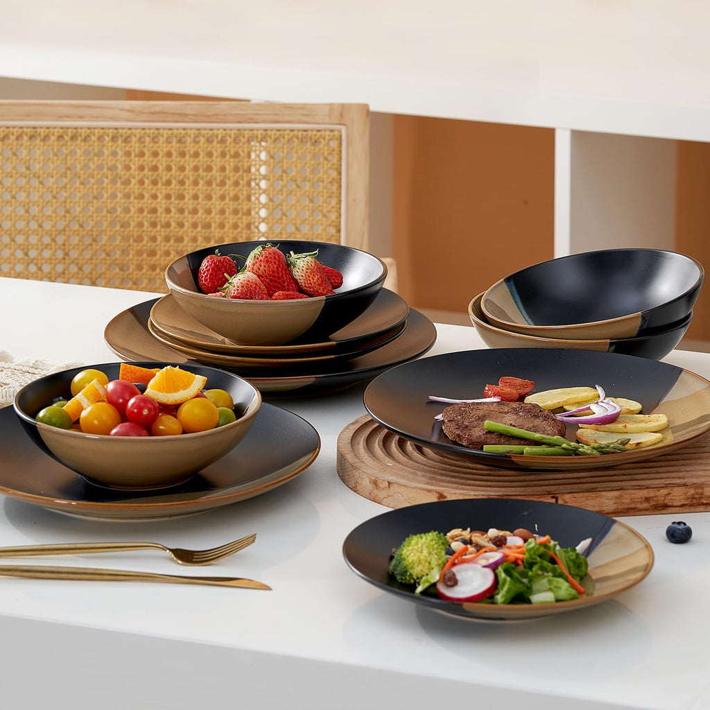 Beston Stoneware Dinnerware Sets Service for 4, 16 pcs Reactive Glaze Plates and Bowls Sets, Handmade Ceramic Dish