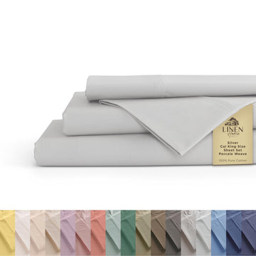 Home 100% Cotton Percale Sheets California King Size, Silver, Deep Pocket, 4 Pieces Set - 1 Flat, 1 Deep Pocket
