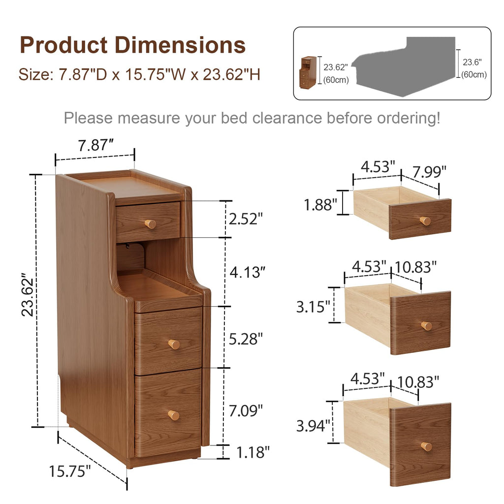 Solid Wood Narrow Nightstand with 3 Drawers, Modern Walnut, Fully Assembled