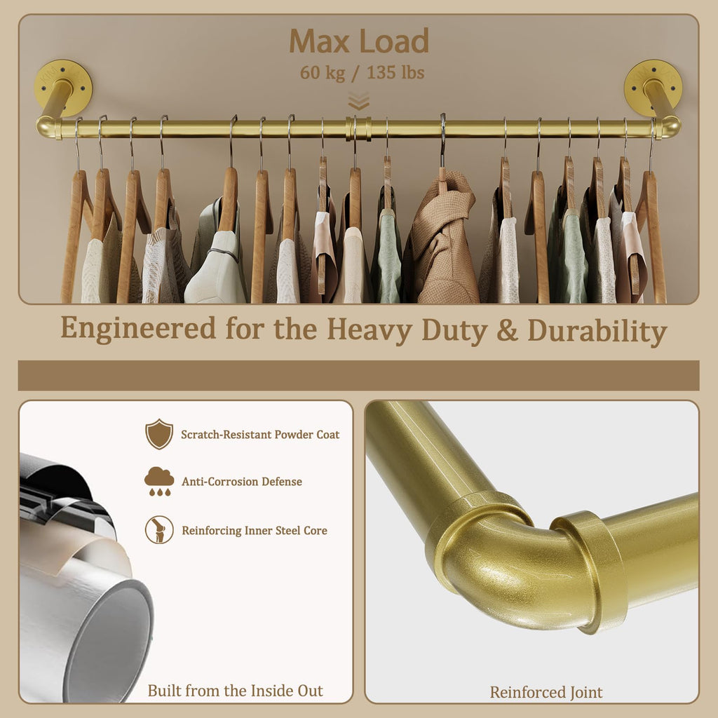 Wall Mounted Clothes Rack, Industrial Pipe Clothing Rack 32 Inch Gold, Wall Clothes Hanger , Cloakroom, Closet