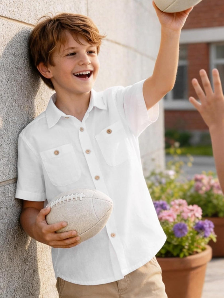 Boys Button Down Shirt Short Sleeve Linen Feel Casual Dress Shirt