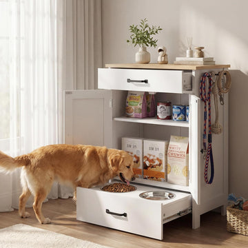 Elevated Stainless Dog Bowls, Feeding Station for Food Storage White Wood