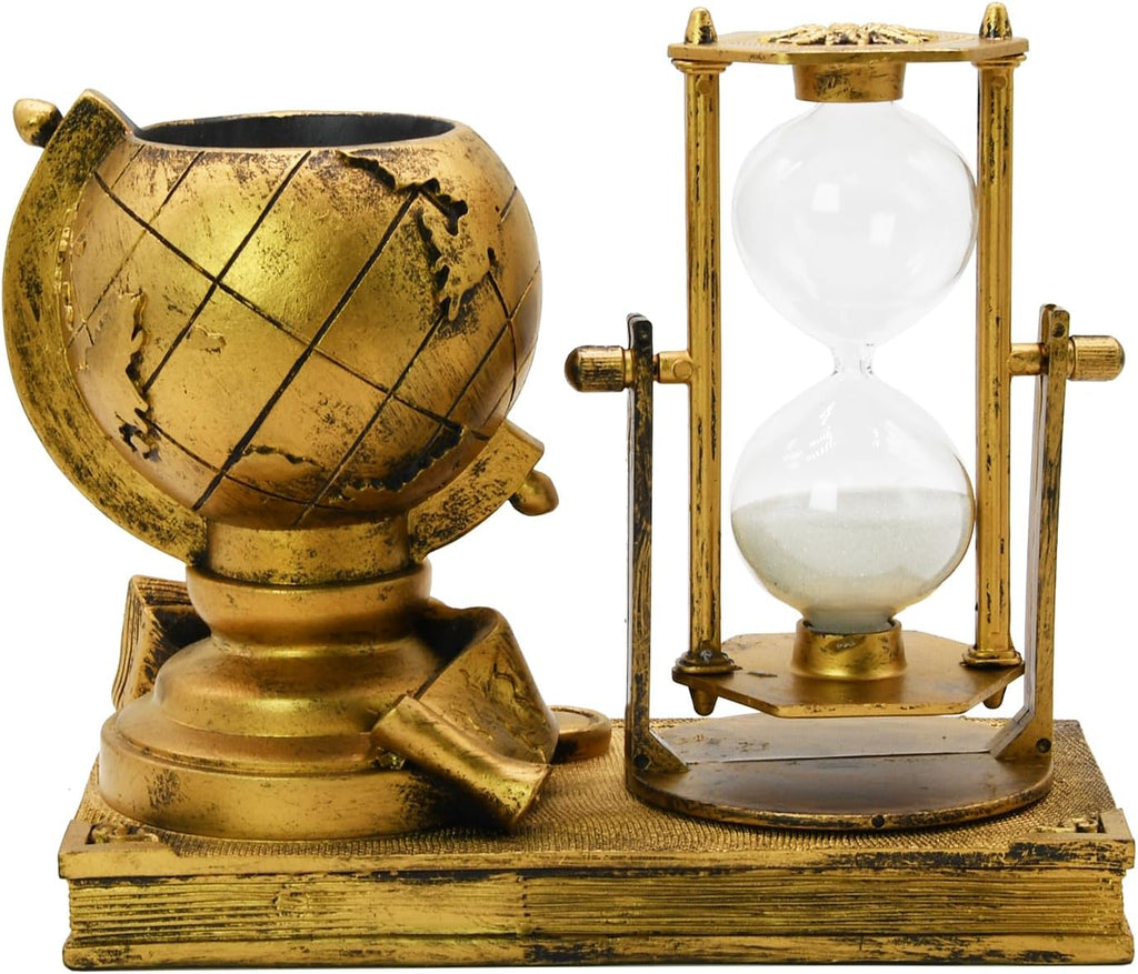 Globe-Themed Pencil Holder with Hourglass, Resin Desktop Organizer & Study, Pen Holder with Sand Timer, Classic Globe