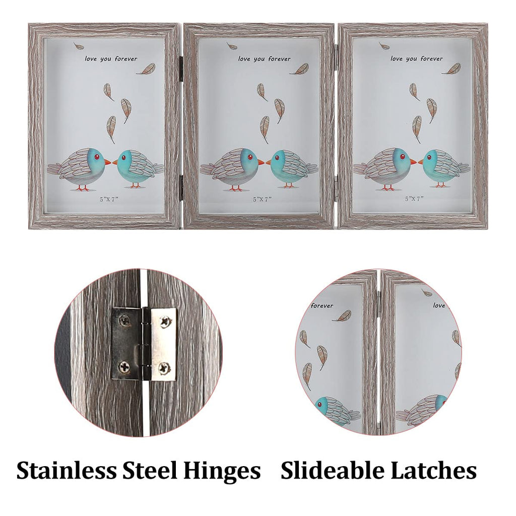 Triple 5x7 Picture Frames Hinged Wood 3 Opening Frame Display Gray