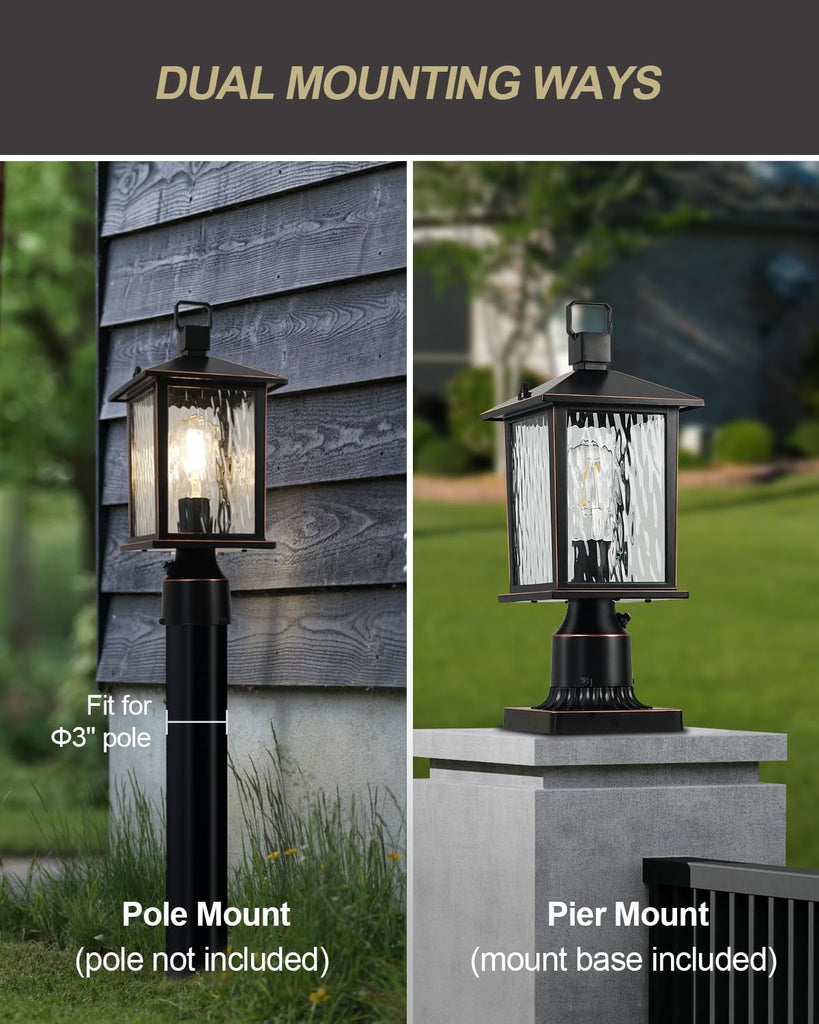 Dusk to Dawn Outdoor Post Light, Hardwired Oil-Rubbed Bronze Pole Lantern with Pier Mount Base, Water Ripple Glass