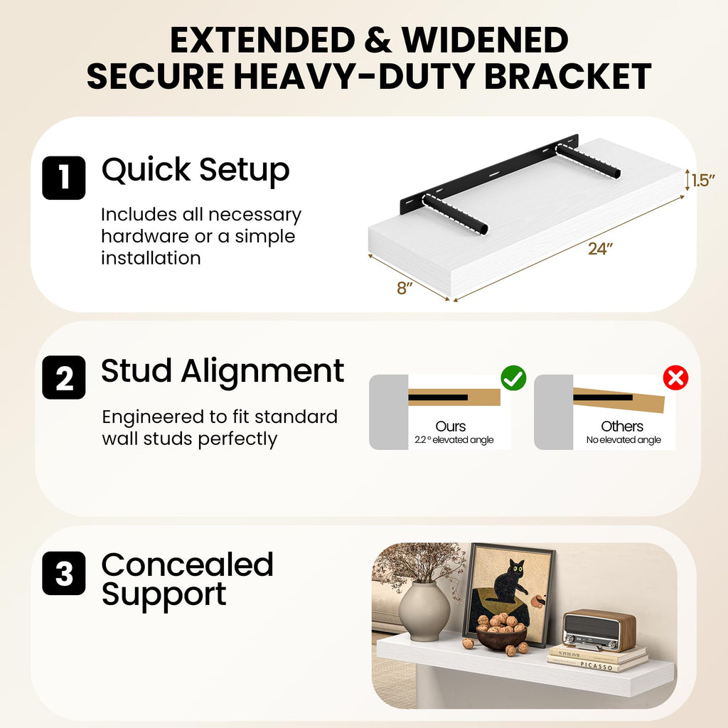 48 Inch Floating Shelves for Wall, 8 Inch Deep Rustic Wood Wall Mounted Shelves with Invisible Brackets Storage