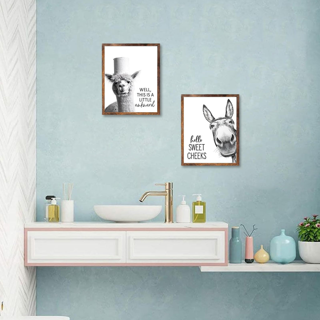 Funny Bathroom Wall Art Black and White Bathroom Signs Decor Rustic Donkey Cow Pictures Wall Decor Funny Animals Head