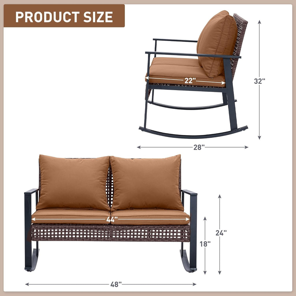 Outdoor Wicker Loveseat Rocking Chair, Patio Outdoor Furniture Conversation Sets, Rattan Rocker Chair with Cushions