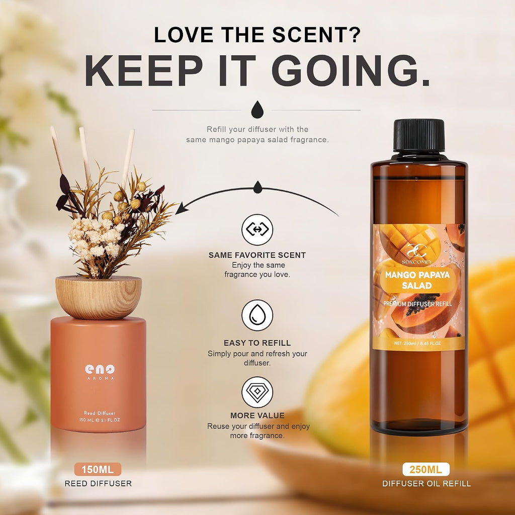 Reed Diffuser Set with Dried Flowers, 5.1 fl oz / 150ml, Mango Papaya Salad - Home Fragrance Diffuser with Sticks