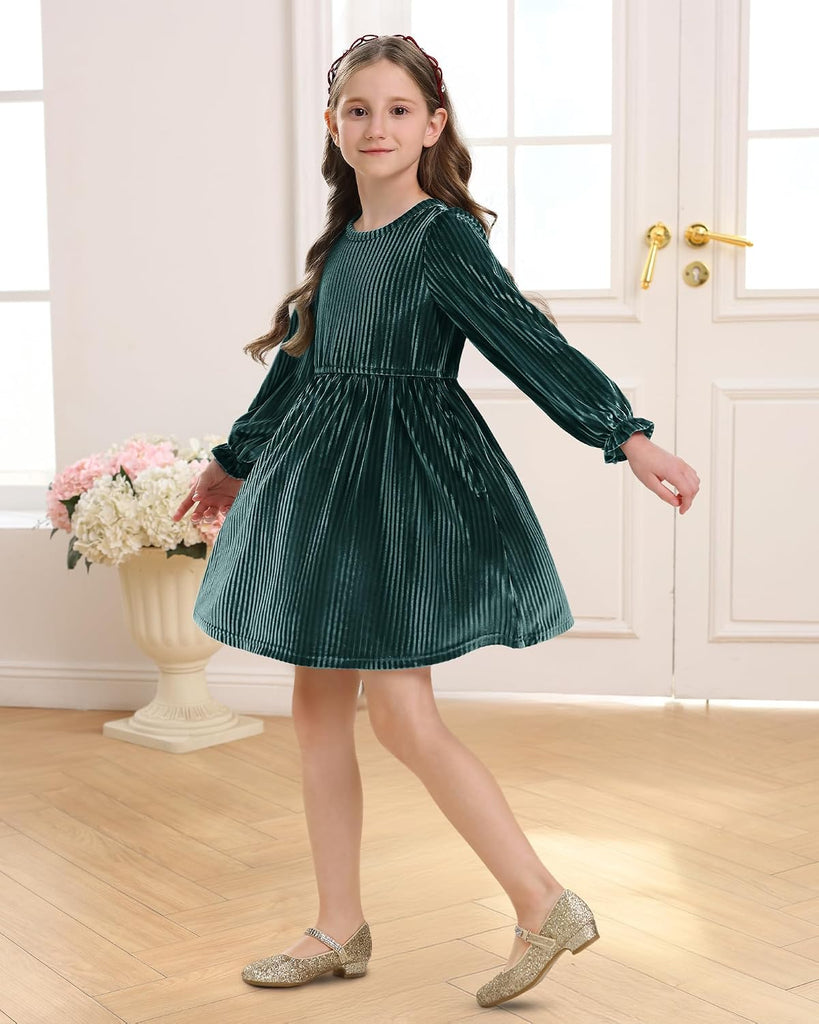 Girls Long Sleeve Velvet Dress with Pockets