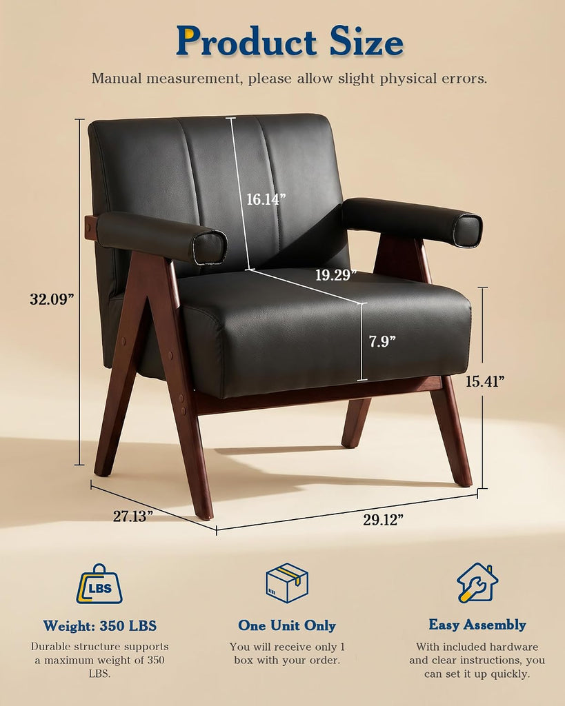 Mid Century Modern Black Faux Leather Accent Chair Set 2 Solid Wood Frame - Set of 2