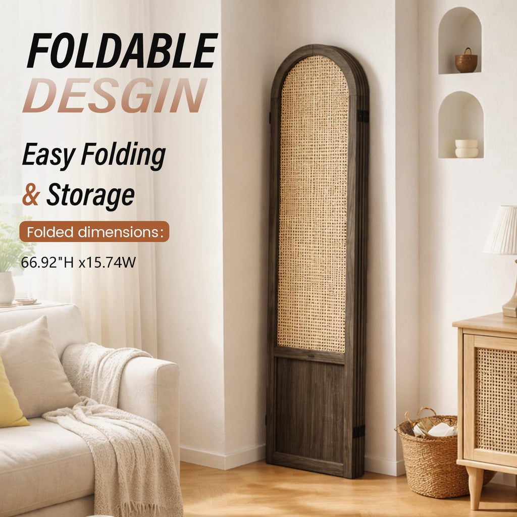 4 Panel Rattan Room Divider Screen, Boho Folding Privacy Screen